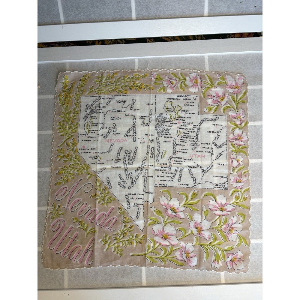Vintage Nevada Utah Floral Map Handkerchief 13.5" X 13" Silky Hanky Hankie
